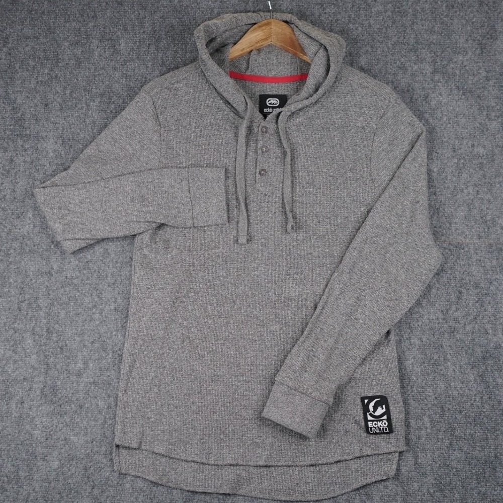 Ecko Unltd Henley Hoodie Mens Size M Gray Waffle Knit Thermal Long Sleeve P-over